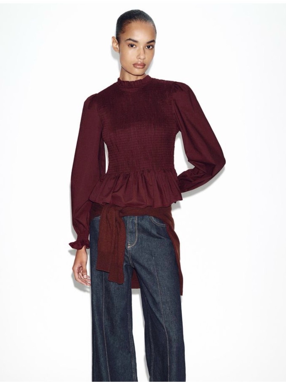 Zara Smocked Peplum Long-Sleeve Top in Deep Burgundy